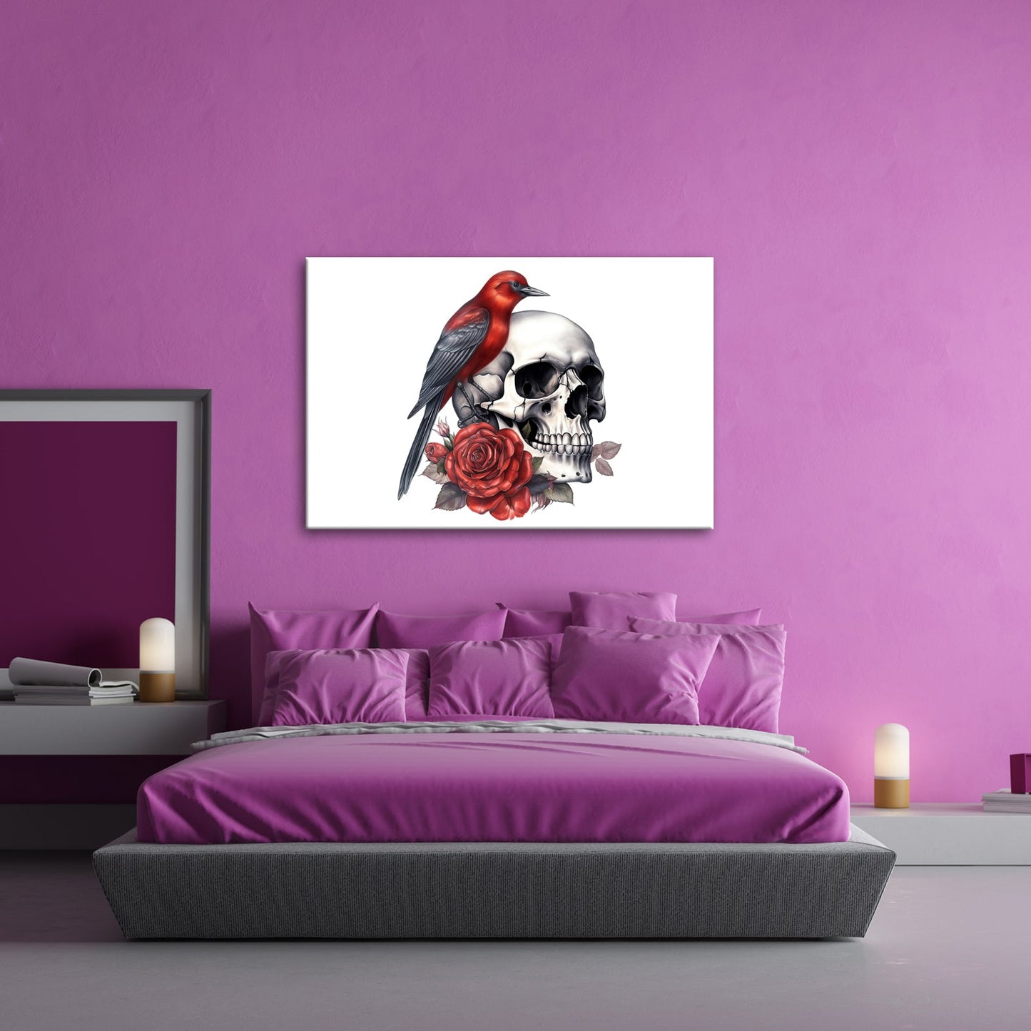 Leinwandbild Roter Vogel auf Totenschädel mit Rosenmotiv - deyoli