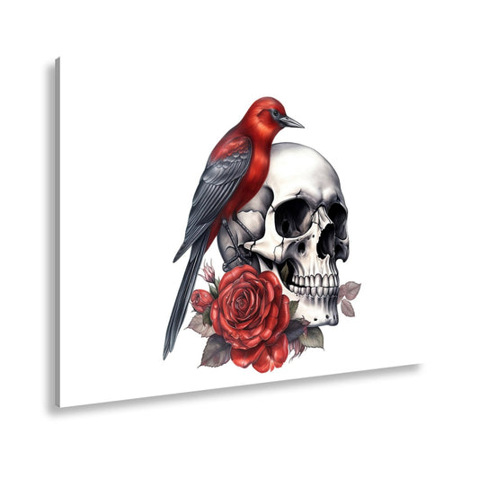 Leinwandbild Roter Vogel auf Totenschädel mit Rosenmotiv - deyoli