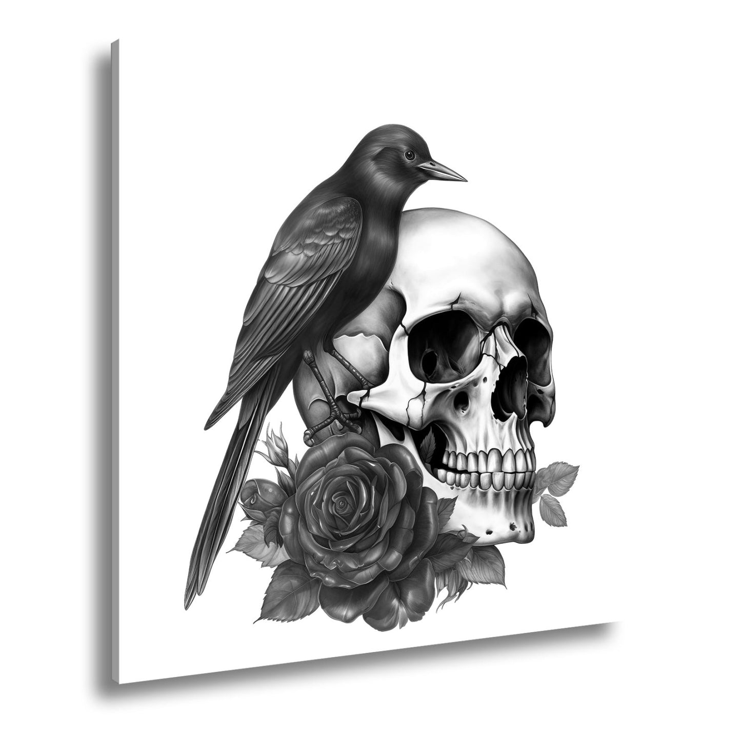 Leinwandbild Roter Vogel auf Totenschädel mit Rosenmotiv - deyoli