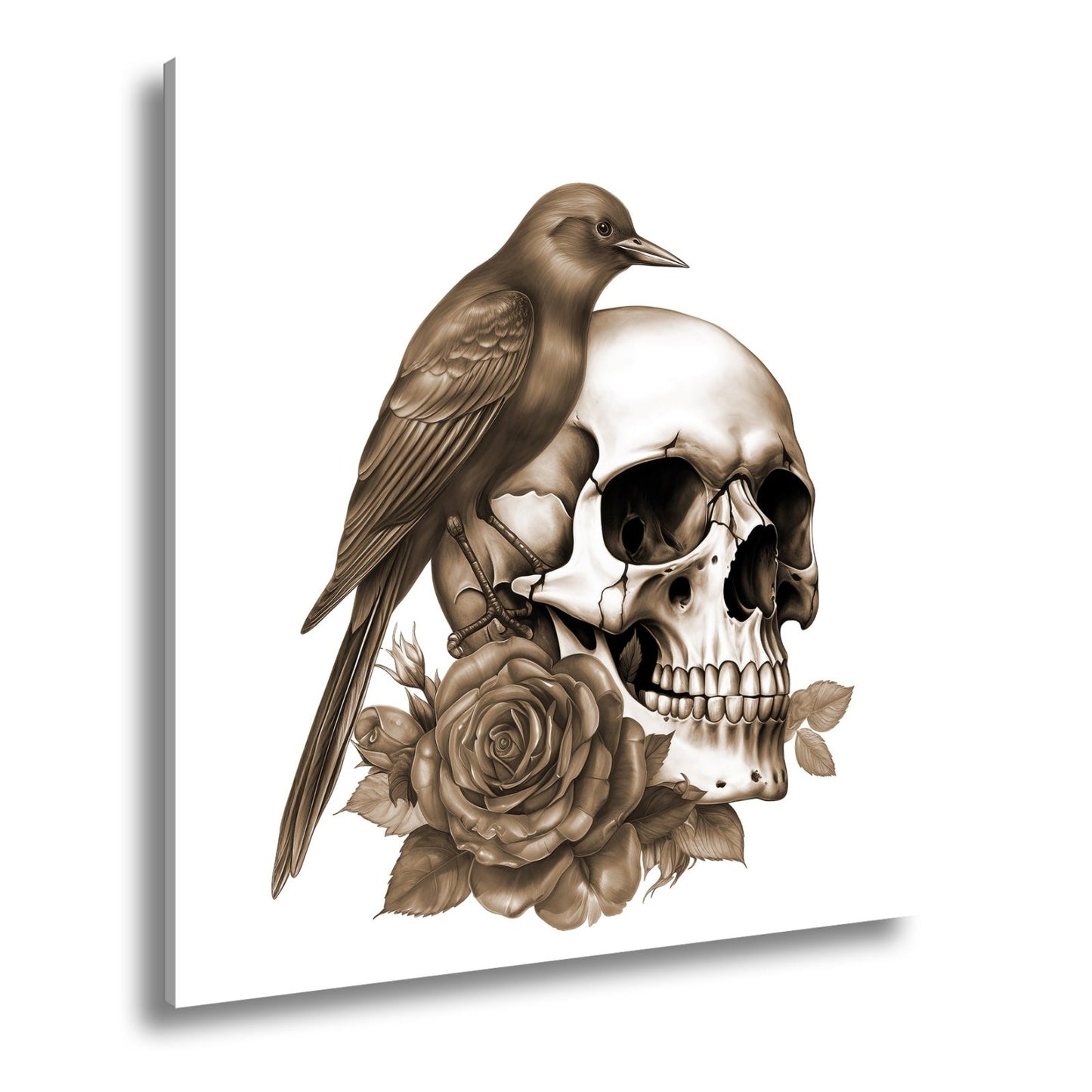 Leinwandbild Roter Vogel auf Totenschädel mit Rosenmotiv - deyoli