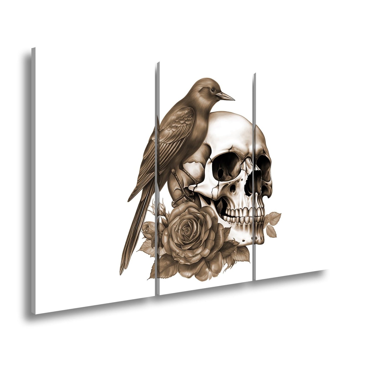 Leinwandbild Roter Vogel auf Totenschädel mit Rosenmotiv - deyoli