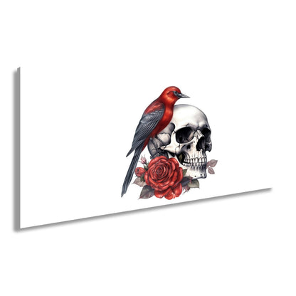 Leinwandbild Roter Vogel auf Totenschädel mit Rosenmotiv - deyoli