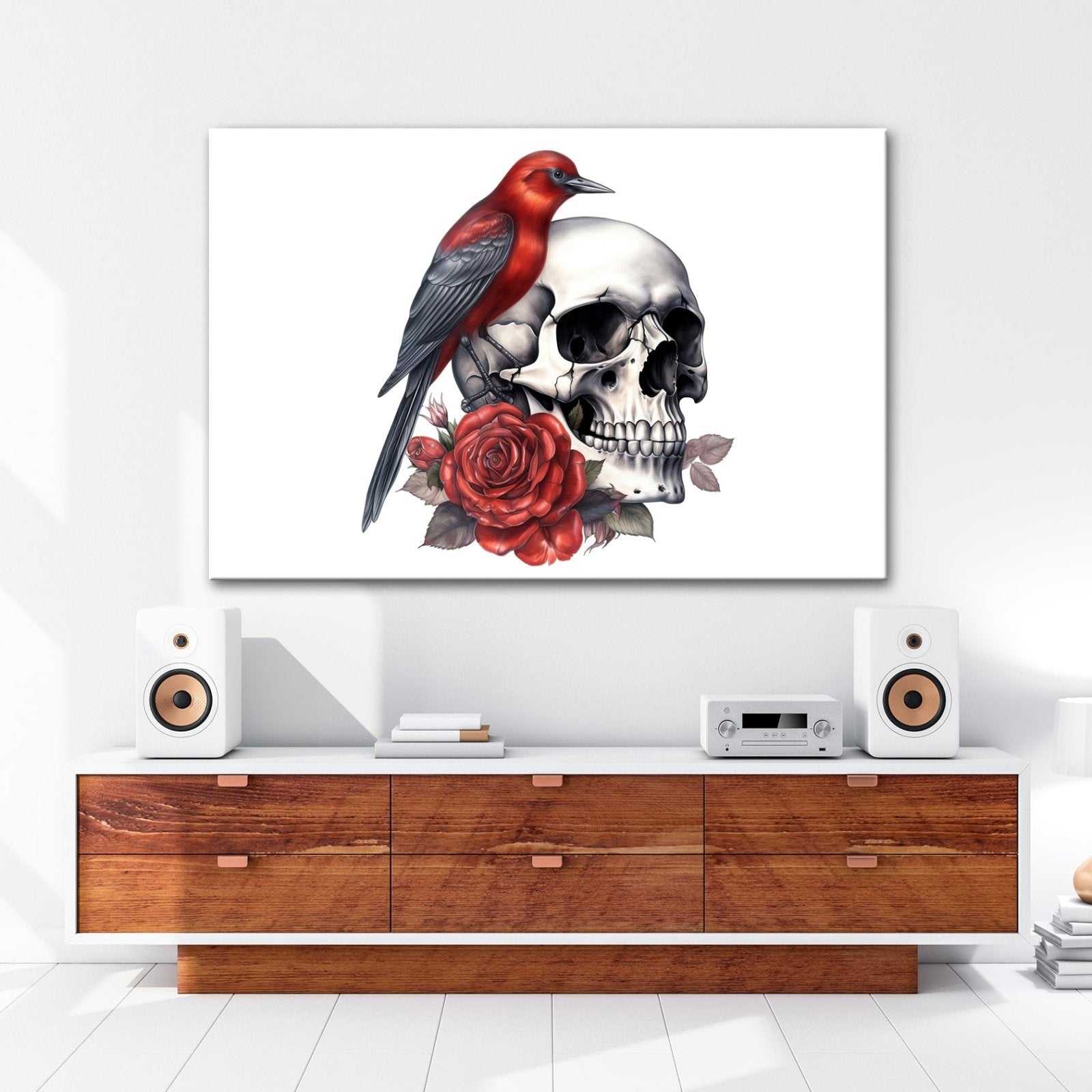 Leinwandbild Roter Vogel auf Totenschädel mit Rosenmotiv - deyoli