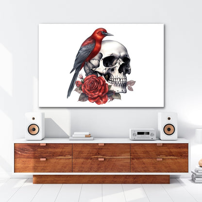 Leinwandbild Roter Vogel auf Totenschädel mit Rosenmotiv - deyoli