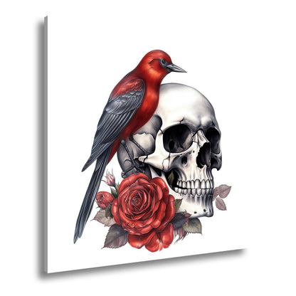 Leinwandbild Roter Vogel auf Totenschädel mit Rosenmotiv - deyoli