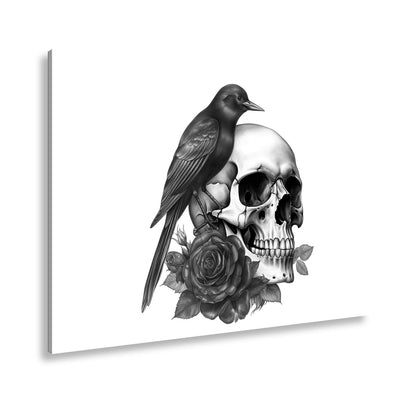 Leinwandbild Roter Vogel auf Totenschädel mit Rosenmotiv - deyoli