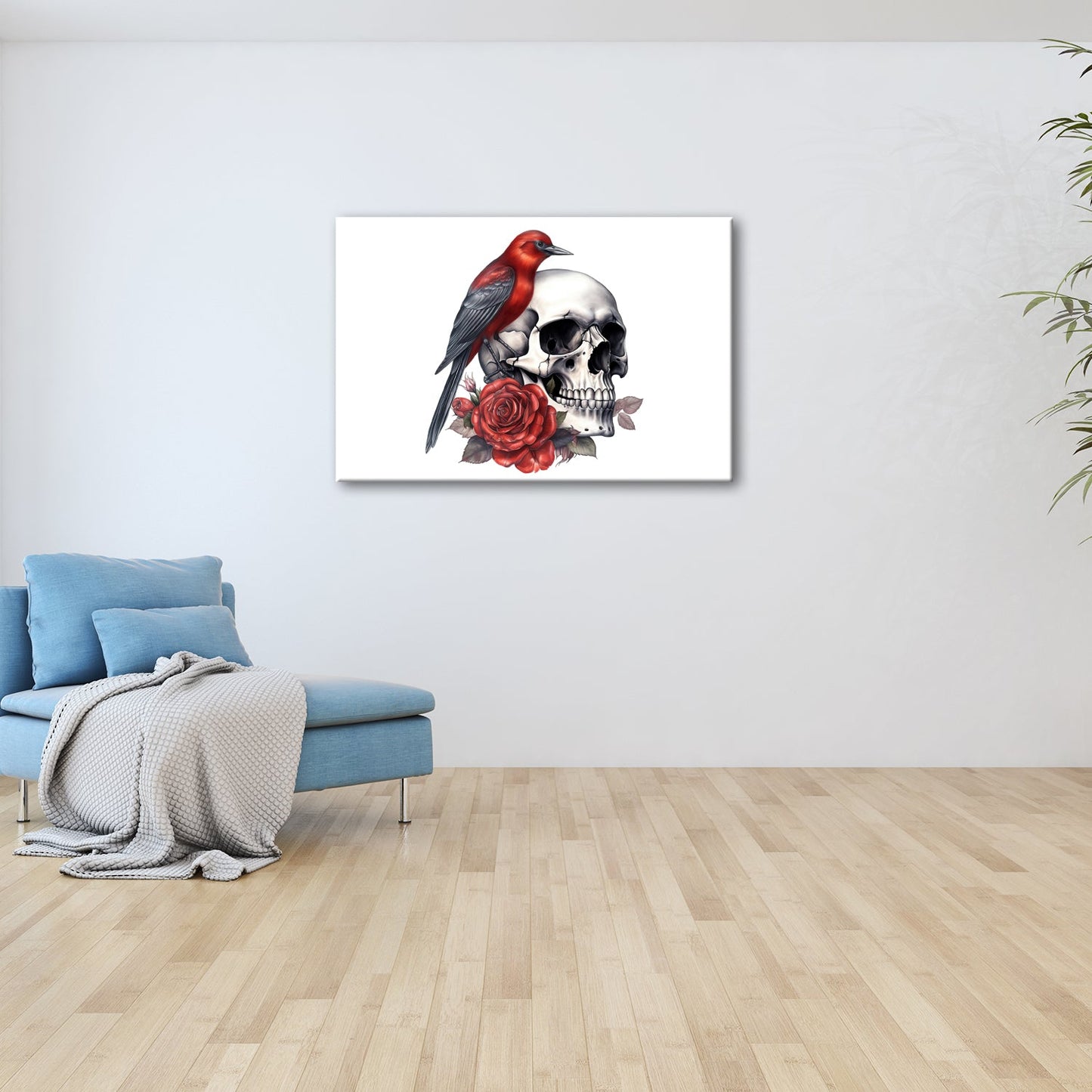 Leinwandbild Roter Vogel auf Totenschädel mit Rosenmotiv - deyoli