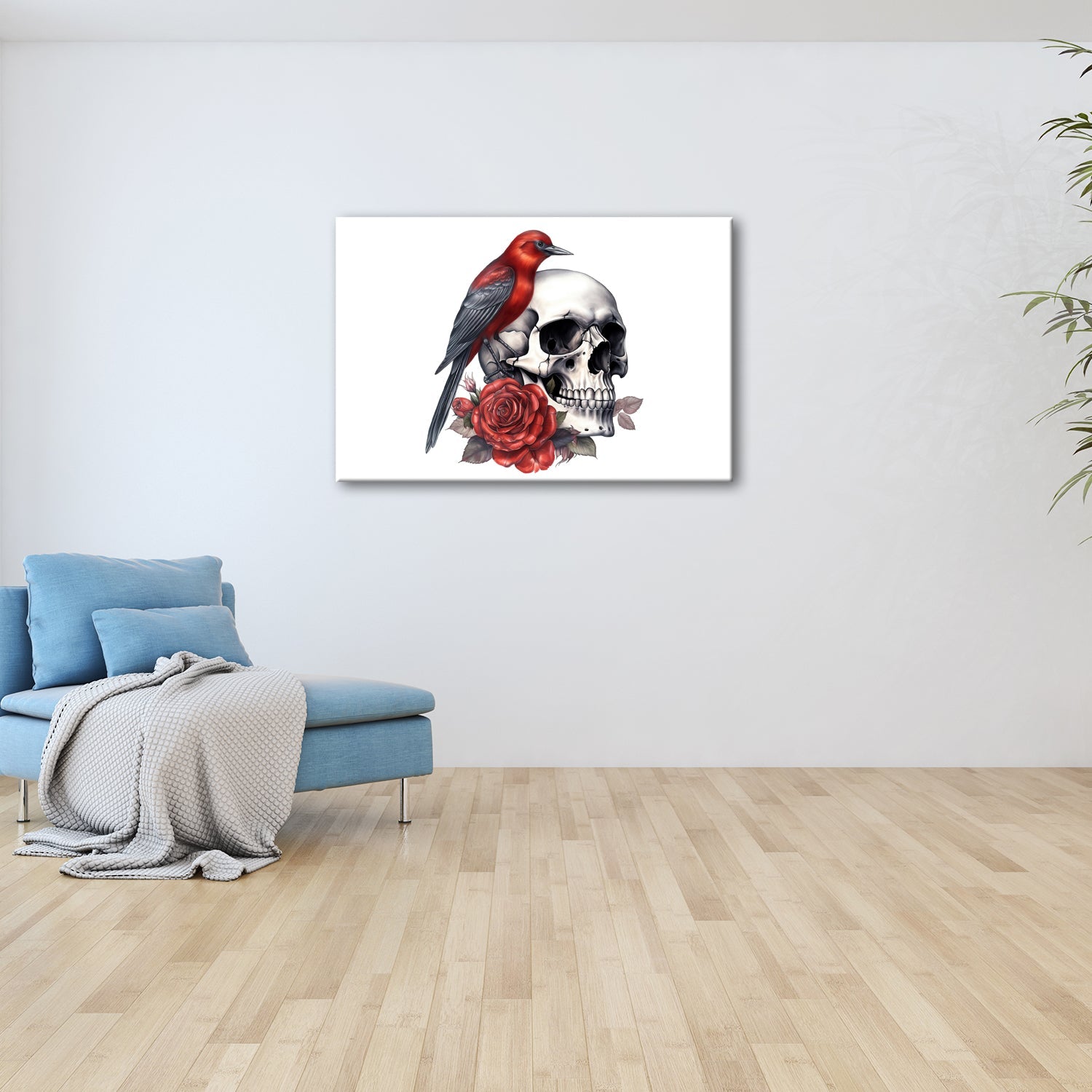 Leinwandbild Roter Vogel auf Totenschädel mit Rosenmotiv - deyoli