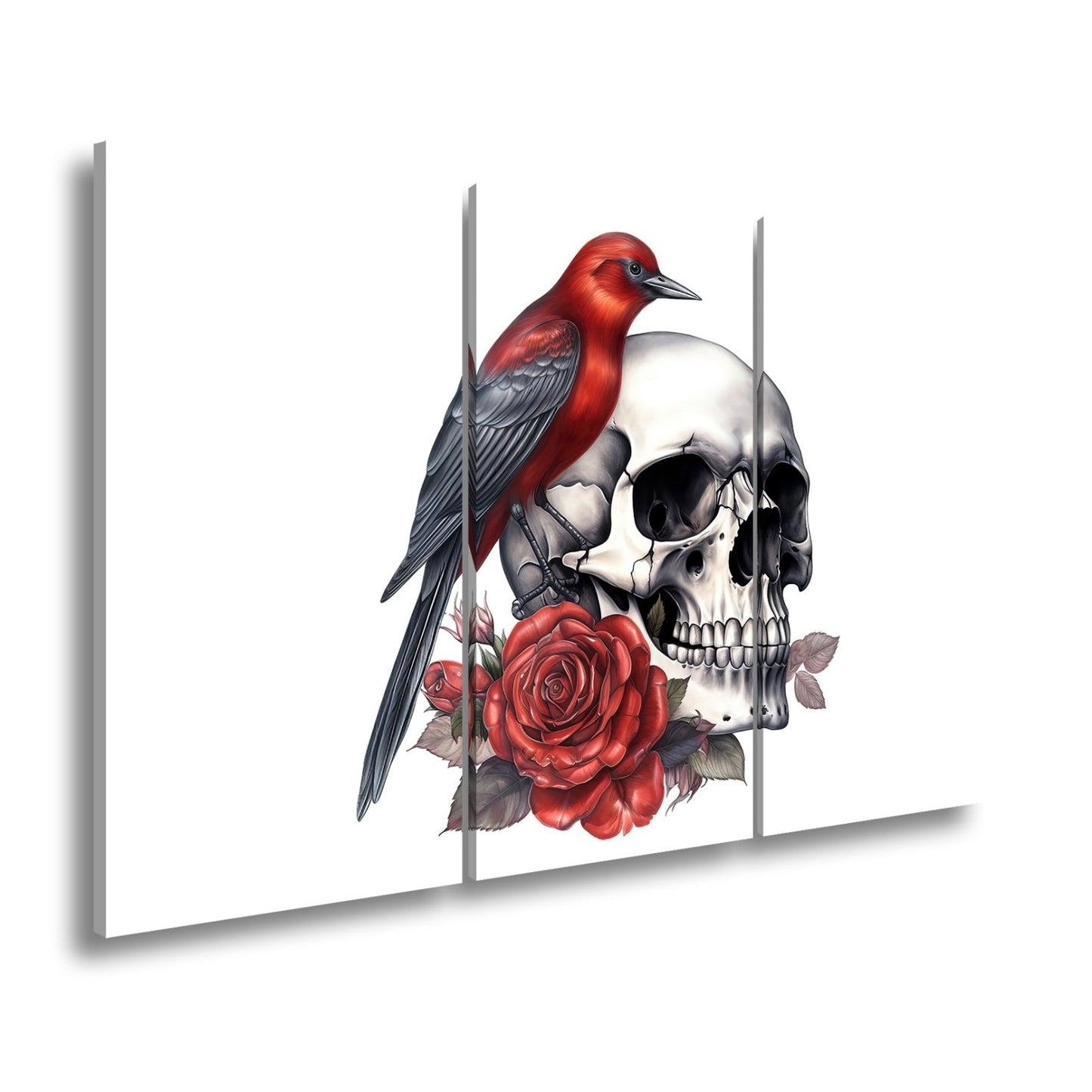 Leinwandbild Roter Vogel auf Totenschädel mit Rosenmotiv - deyoli