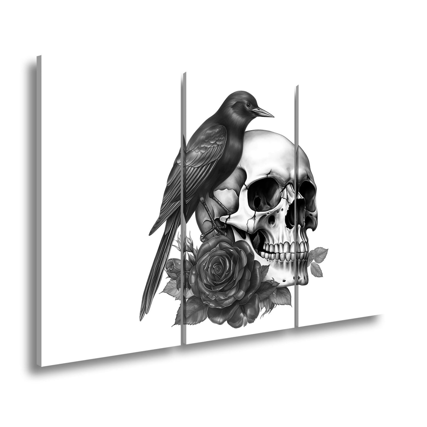 Leinwandbild Roter Vogel auf Totenschädel mit Rosenmotiv - deyoli