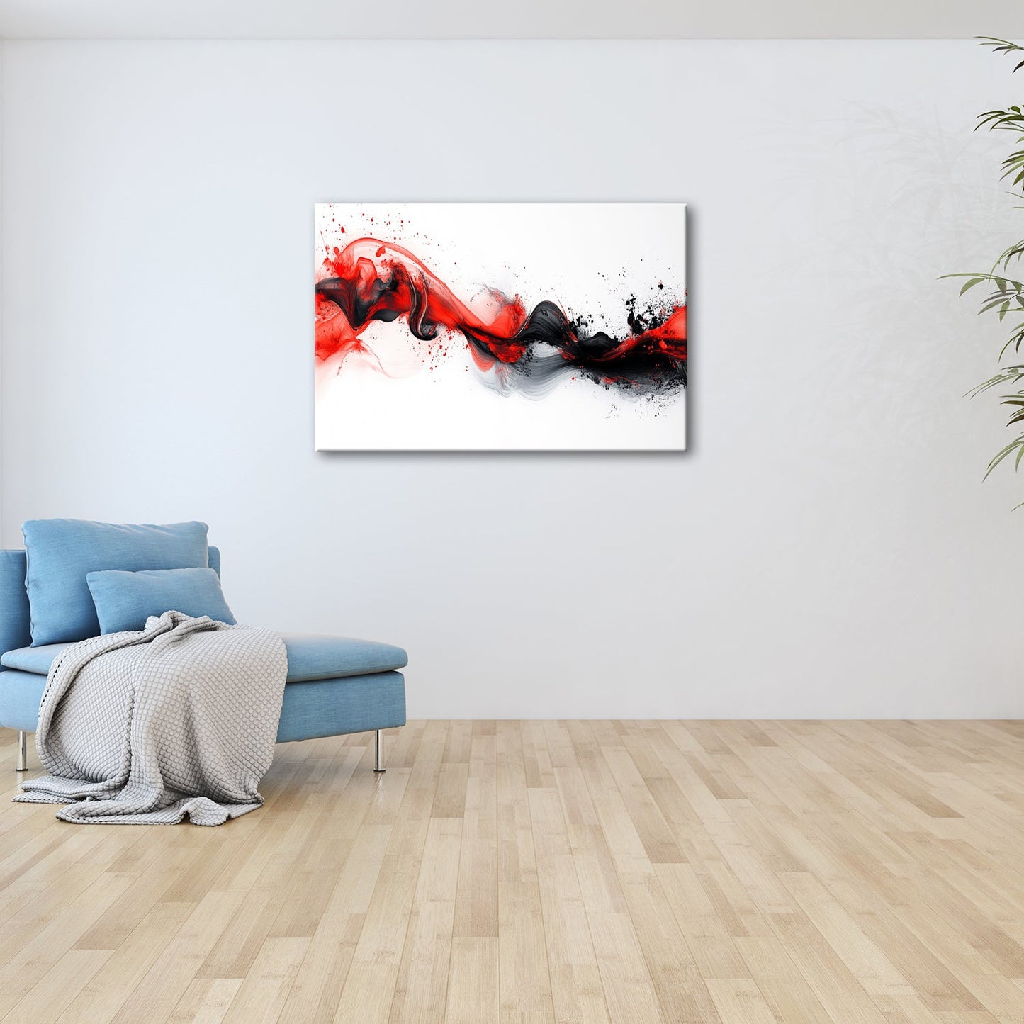 Leinwandbild Rotes Feuer tanzt mit schwarzem Rauch auf weißer Leinwand. - deyoli
