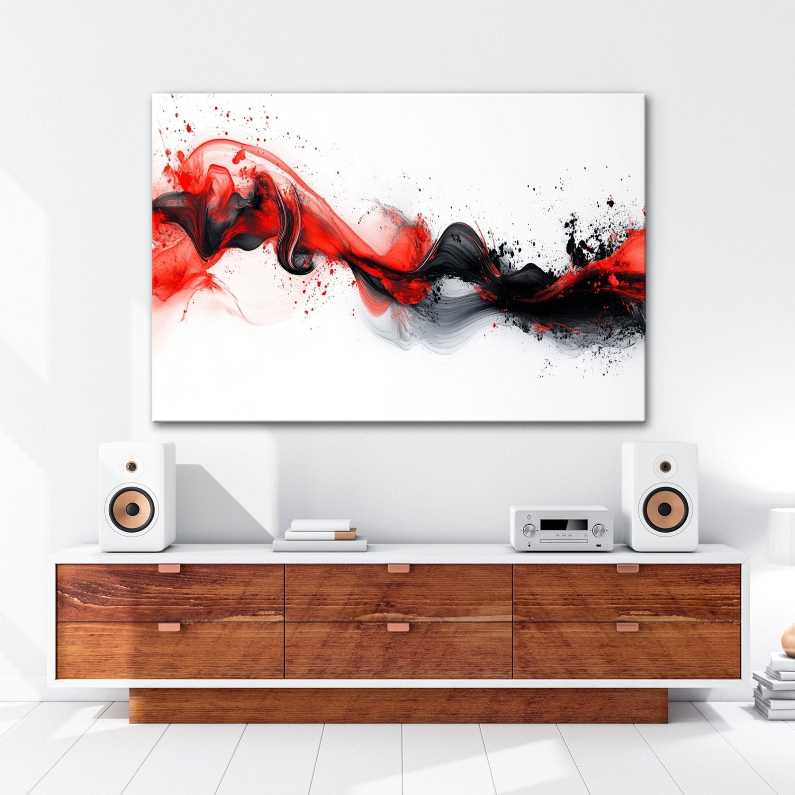 Leinwandbild Rotes Feuer tanzt mit schwarzem Rauch auf weißer Leinwand. - deyoli