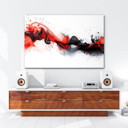 Leinwandbild Rotes Feuer tanzt mit schwarzem Rauch auf weißer Leinwand. - deyoli