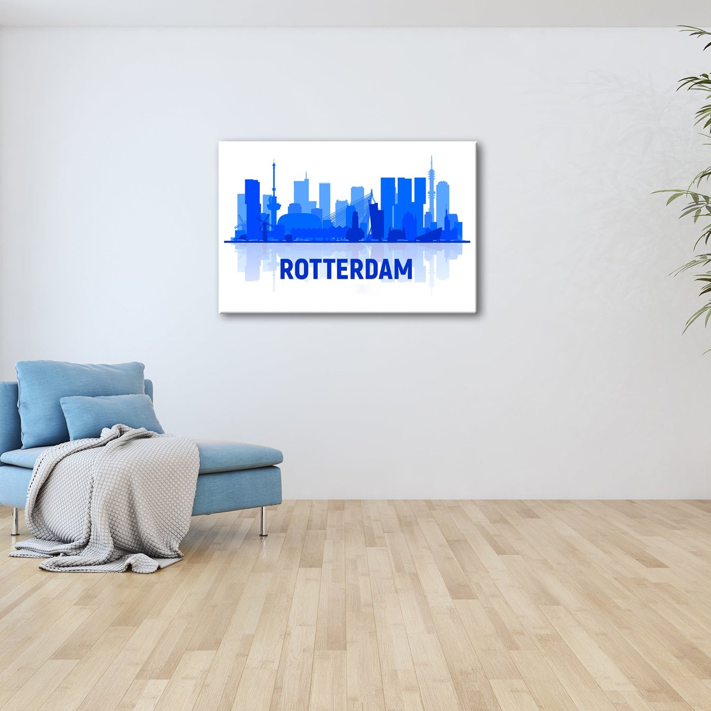 Leinwandbild Rotterdam Skyline Blau – Moderne Stadtsilhouette XXL Canvas - deyoli
