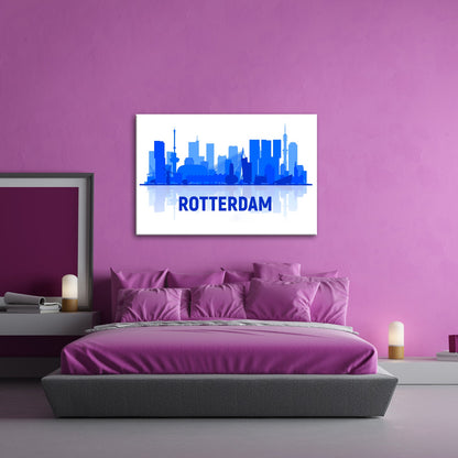 Leinwandbild Rotterdam Skyline Blau – Moderne Stadtsilhouette XXL Canvas - deyoli