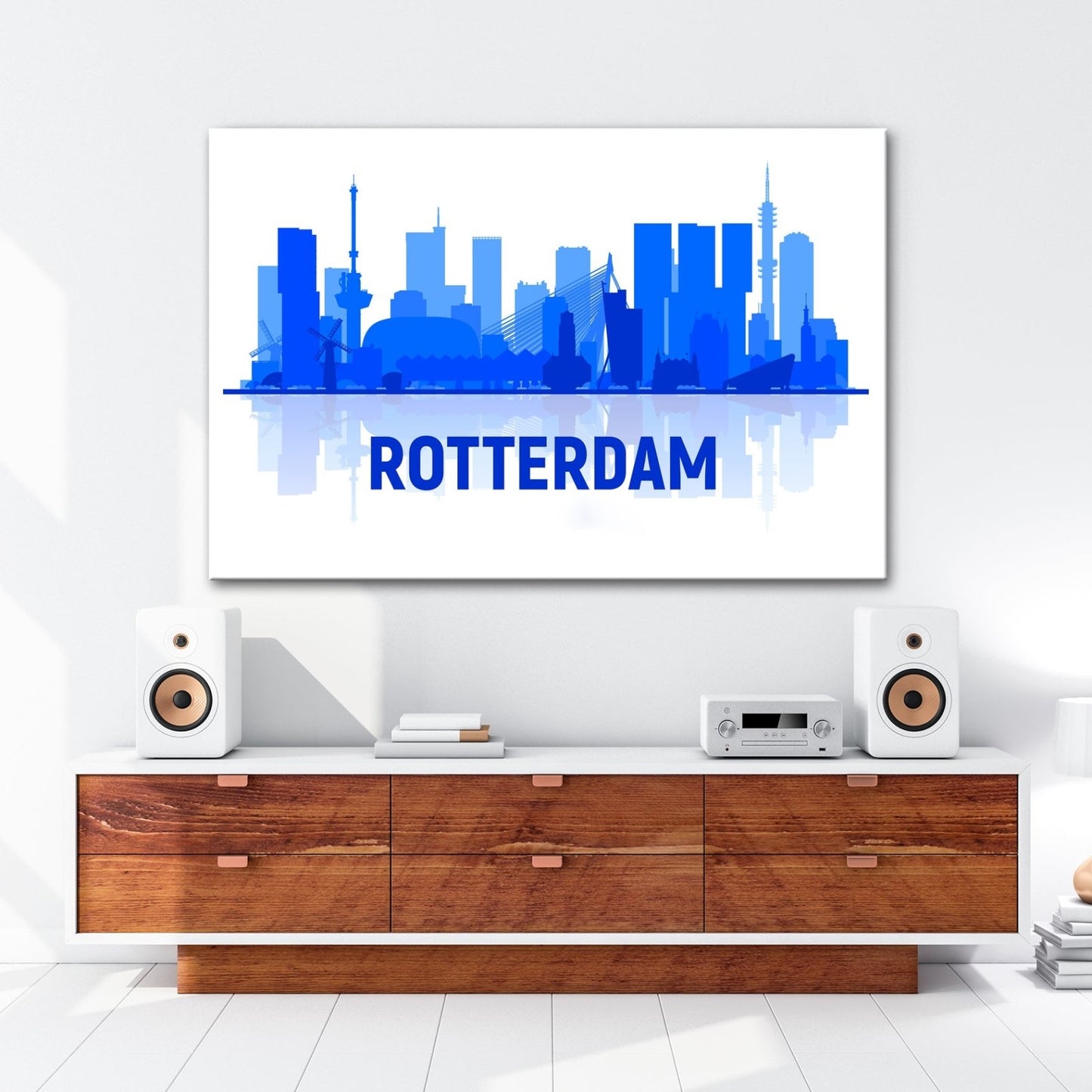 Leinwandbild Rotterdam Skyline Blau – Moderne Stadtsilhouette XXL Canvas - deyoli