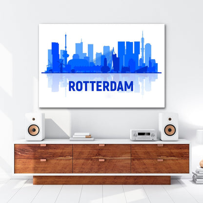 Leinwandbild Rotterdam Skyline Blau – Moderne Stadtsilhouette XXL Canvas - deyoli
