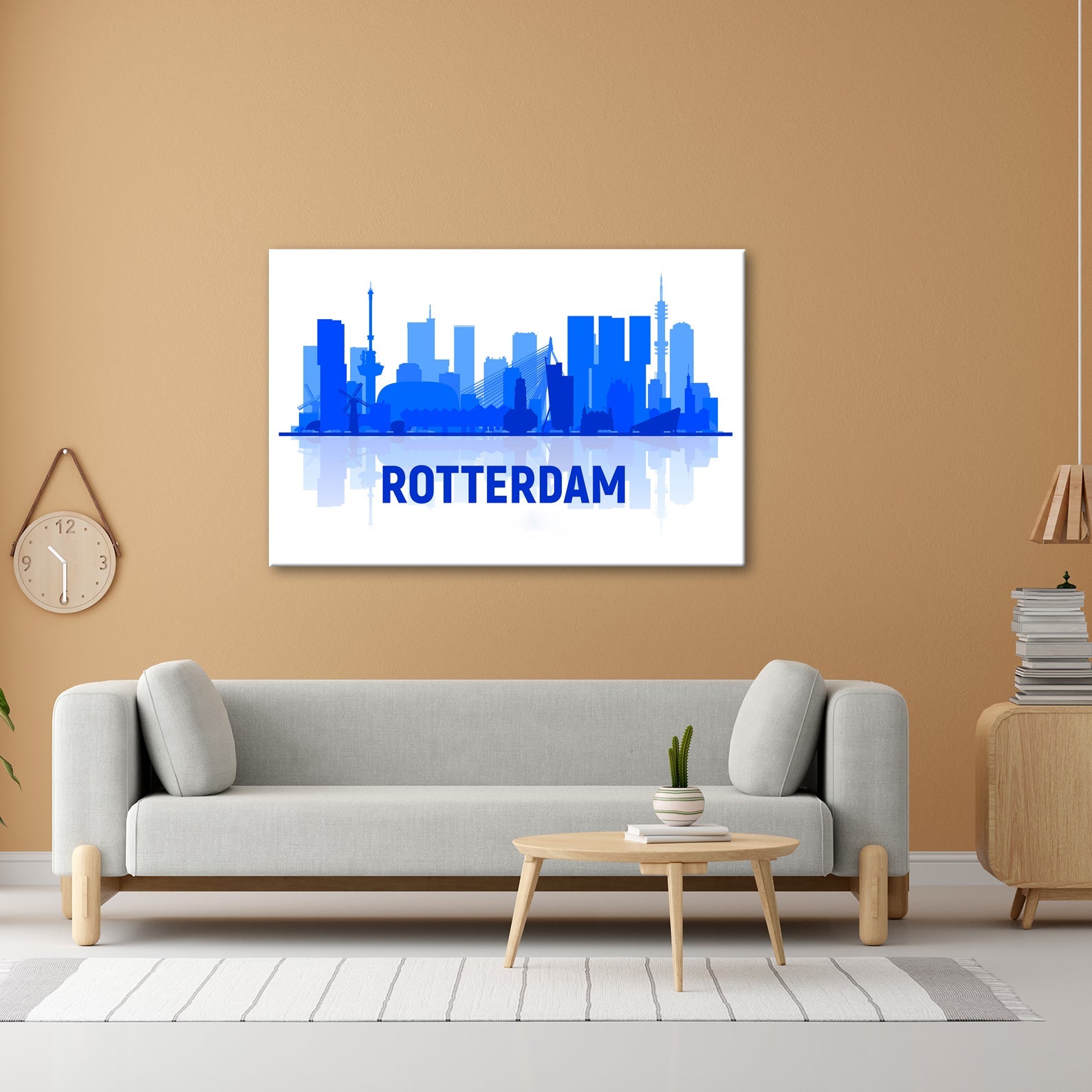 Leinwandbild Rotterdam Skyline Blau – Moderne Stadtsilhouette XXL Canvas - deyoli
