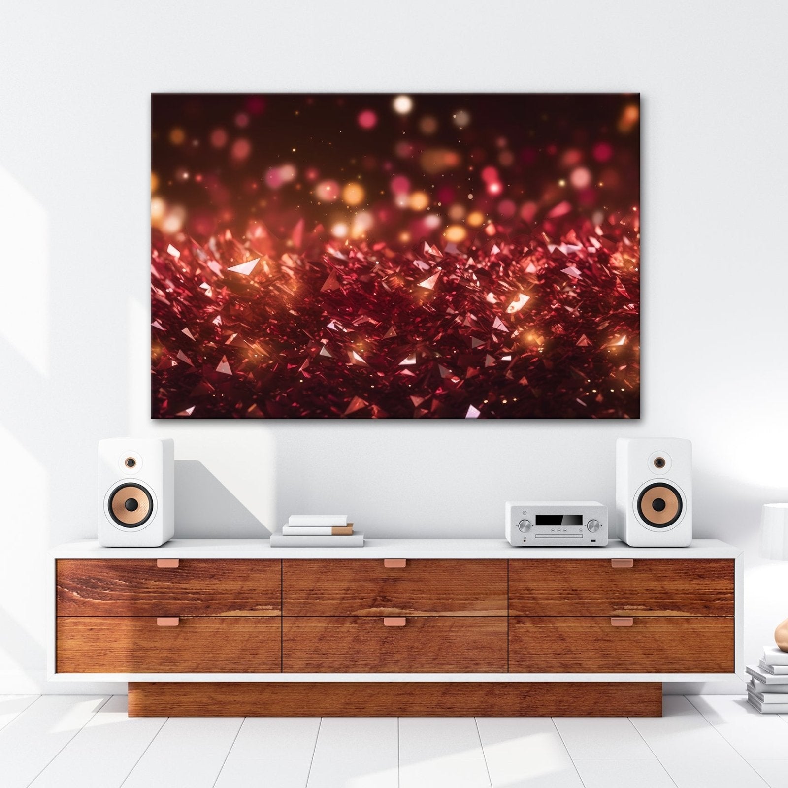 Leinwandbild Rubinrote Kristalle funkeln im Bokeh der Fantasie. - deyoli