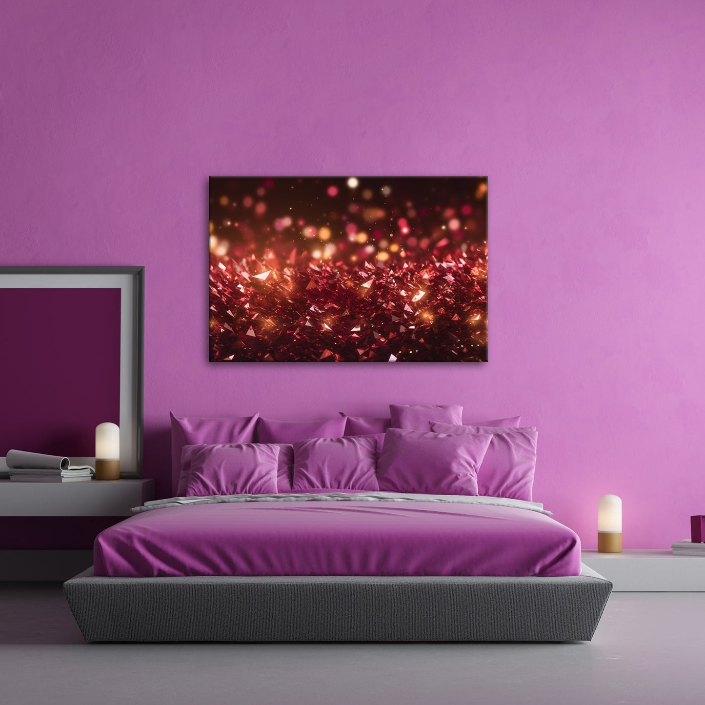 Leinwandbild Rubinrote Kristalle funkeln im Bokeh der Fantasie. - deyoli