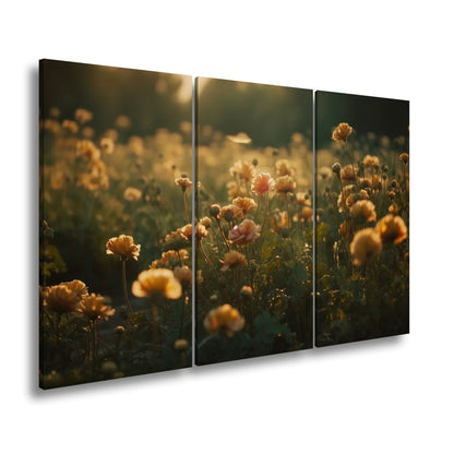 Leinwandbild Sanftes Licht küsst ein Feld aus buttergelben Blumen. - deyoli