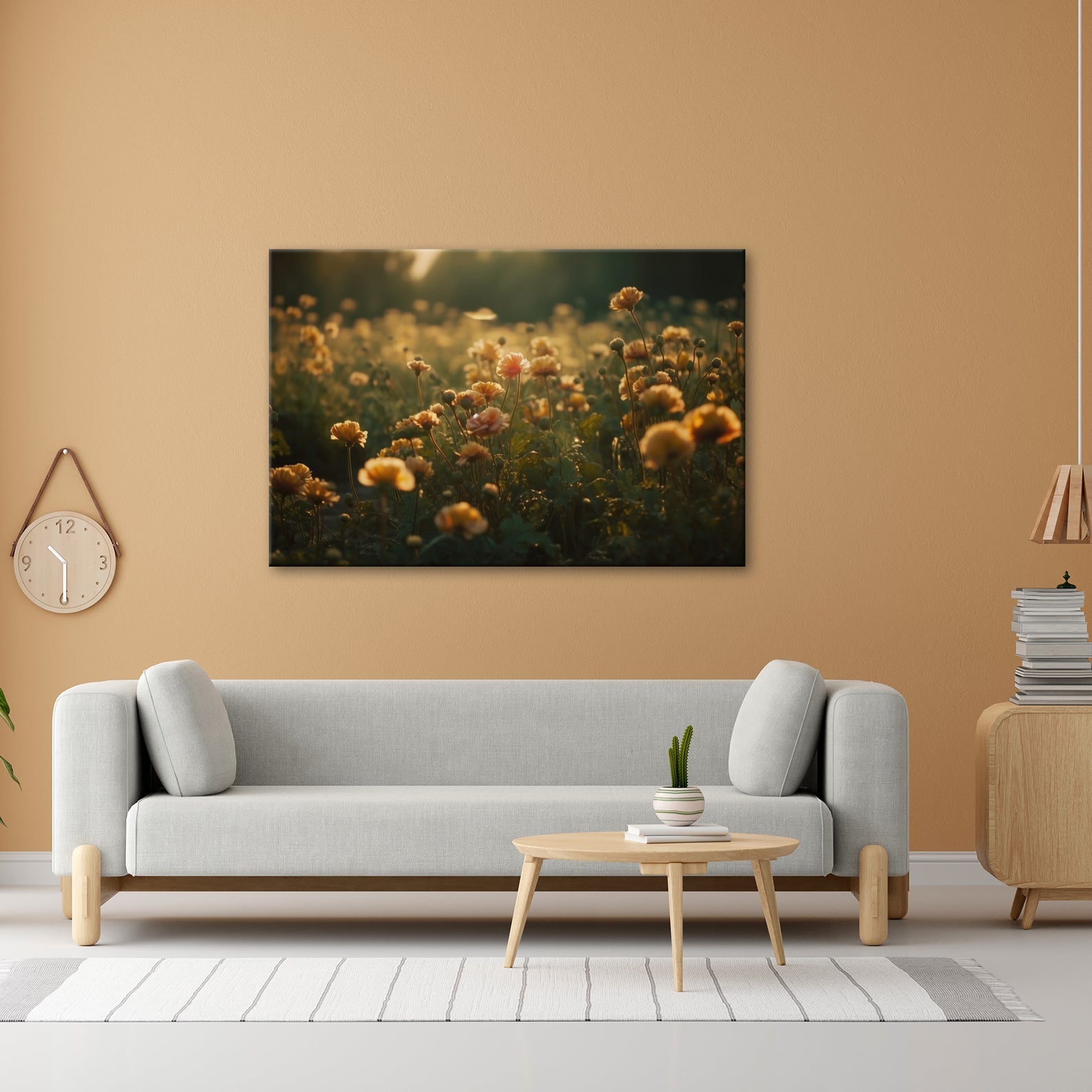 Leinwandbild Sanftes Licht küsst ein Feld aus buttergelben Blumen. - deyoli