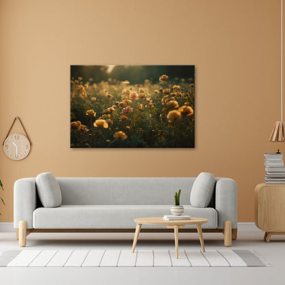 Leinwandbild Sanftes Licht küsst ein Feld aus buttergelben Blumen. - deyoli