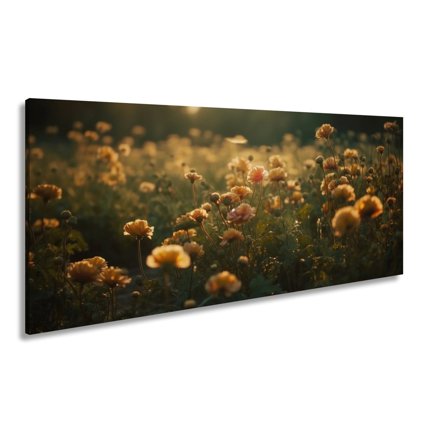Leinwandbild Sanftes Licht küsst ein Feld aus buttergelben Blumen. - deyoli