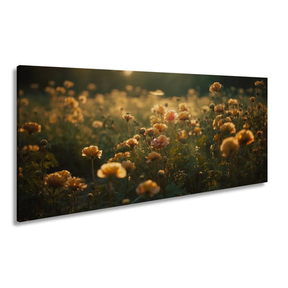 Leinwandbild Sanftes Licht küsst ein Feld aus buttergelben Blumen. - deyoli