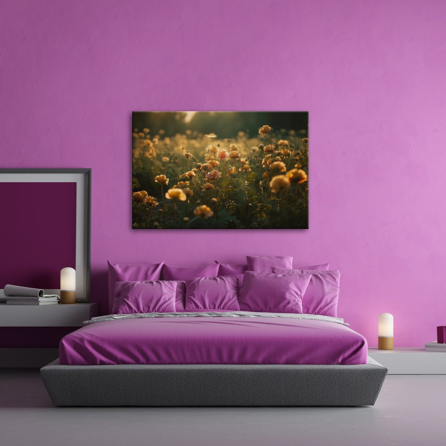 Leinwandbild Sanftes Licht küsst ein Feld aus buttergelben Blumen. - deyoli