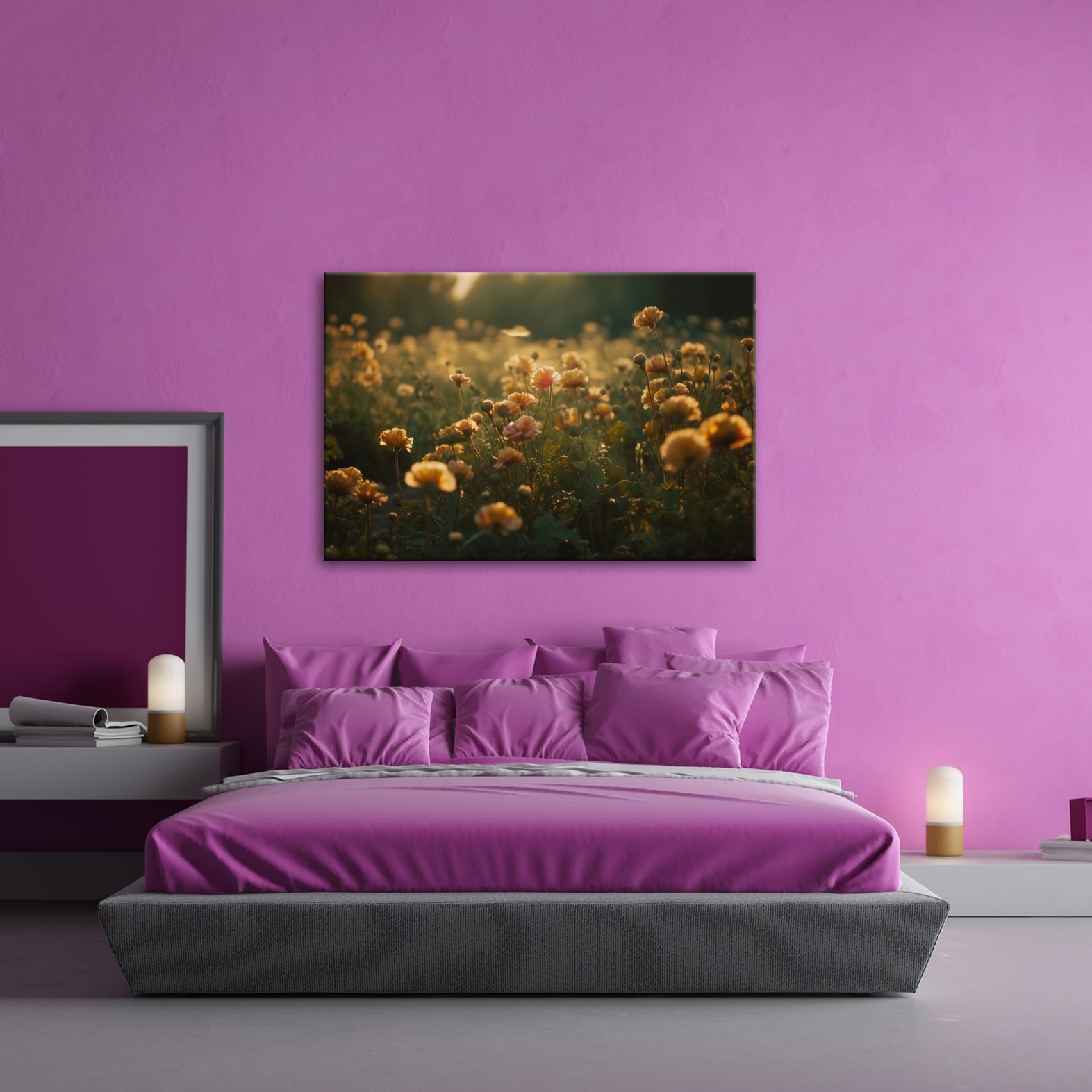 Leinwandbild Sanftes Licht küsst ein Feld aus buttergelben Blumen. - deyoli