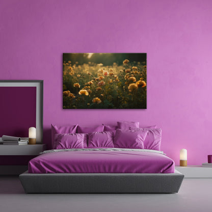 Leinwandbild Sanftes Licht küsst ein Feld aus buttergelben Blumen. - deyoli
