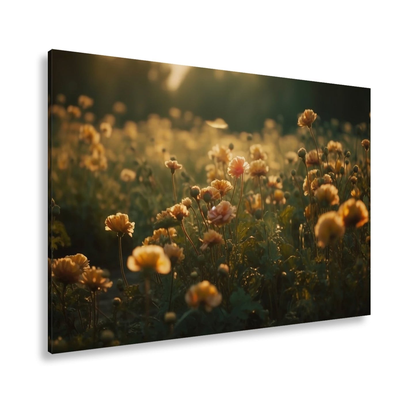 Leinwandbild Sanftes Licht küsst ein Feld aus buttergelben Blumen. - deyoli