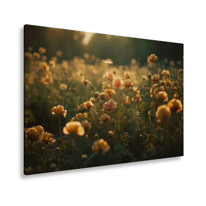 Leinwandbild Sanftes Licht küsst ein Feld aus buttergelben Blumen. - deyoli