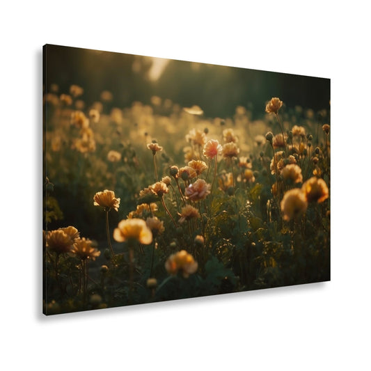 Leinwandbild Sanftes Licht küsst ein Feld aus buttergelben Blumen. - deyoli