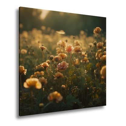 Leinwandbild Sanftes Licht küsst ein Feld aus buttergelben Blumen. - deyoli