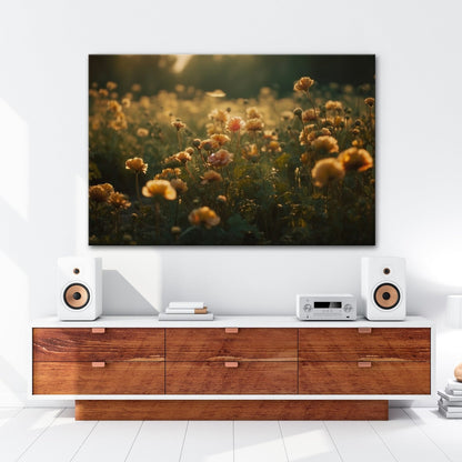 Leinwandbild Sanftes Licht küsst ein Feld aus buttergelben Blumen. - deyoli