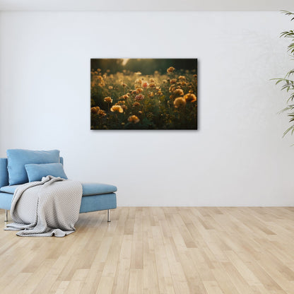 Leinwandbild Sanftes Licht küsst ein Feld aus buttergelben Blumen. - deyoli