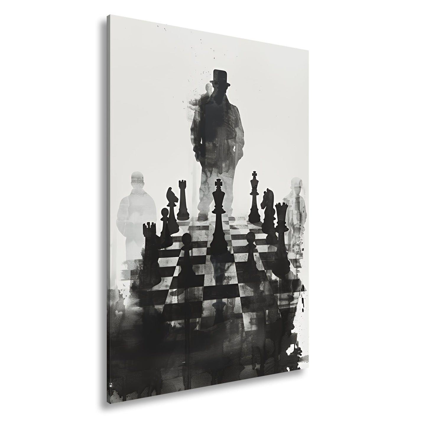Leinwandbild Schachfiguren im Schatten eines geheimnisvollen Spielers - deyoli