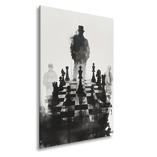 Leinwandbild Schachfiguren im Schatten eines geheimnisvollen Spielers - deyoli