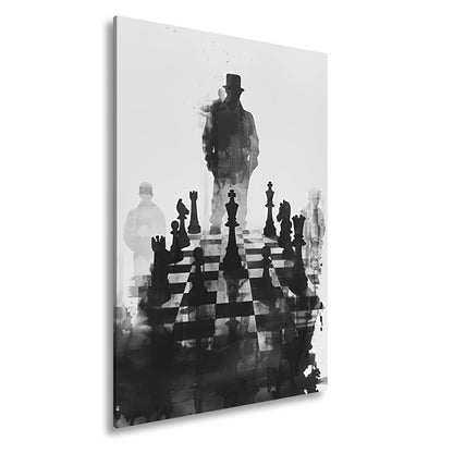 Leinwandbild Schachfiguren im Schatten eines geheimnisvollen Spielers - deyoli