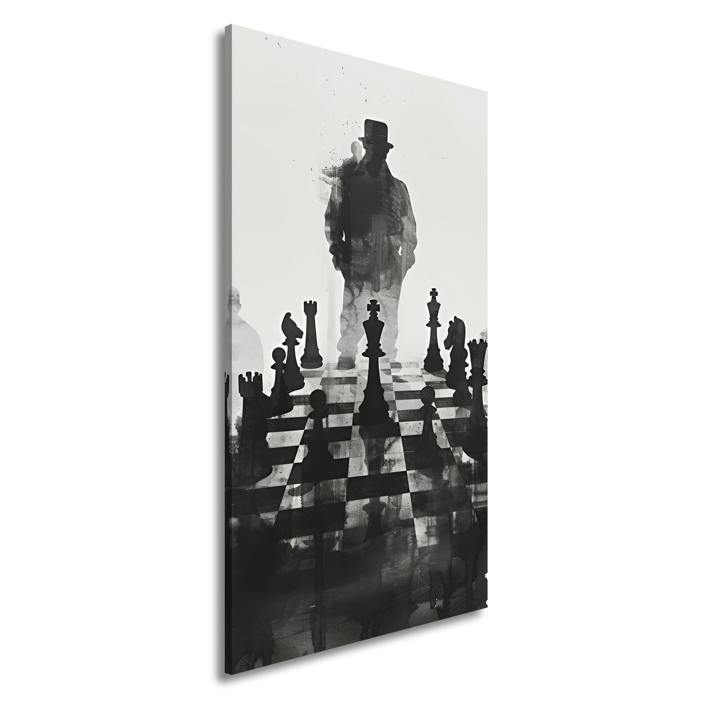 Leinwandbild Schachfiguren im Schatten eines geheimnisvollen Spielers - deyoli