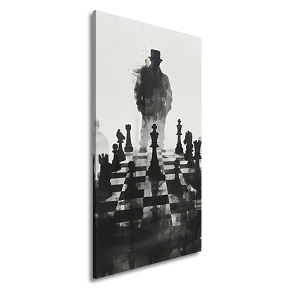 Leinwandbild Schachfiguren im Schatten eines geheimnisvollen Spielers - deyoli