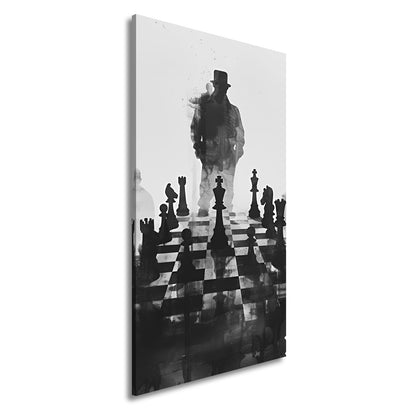 Leinwandbild Schachfiguren im Schatten eines geheimnisvollen Spielers - deyoli