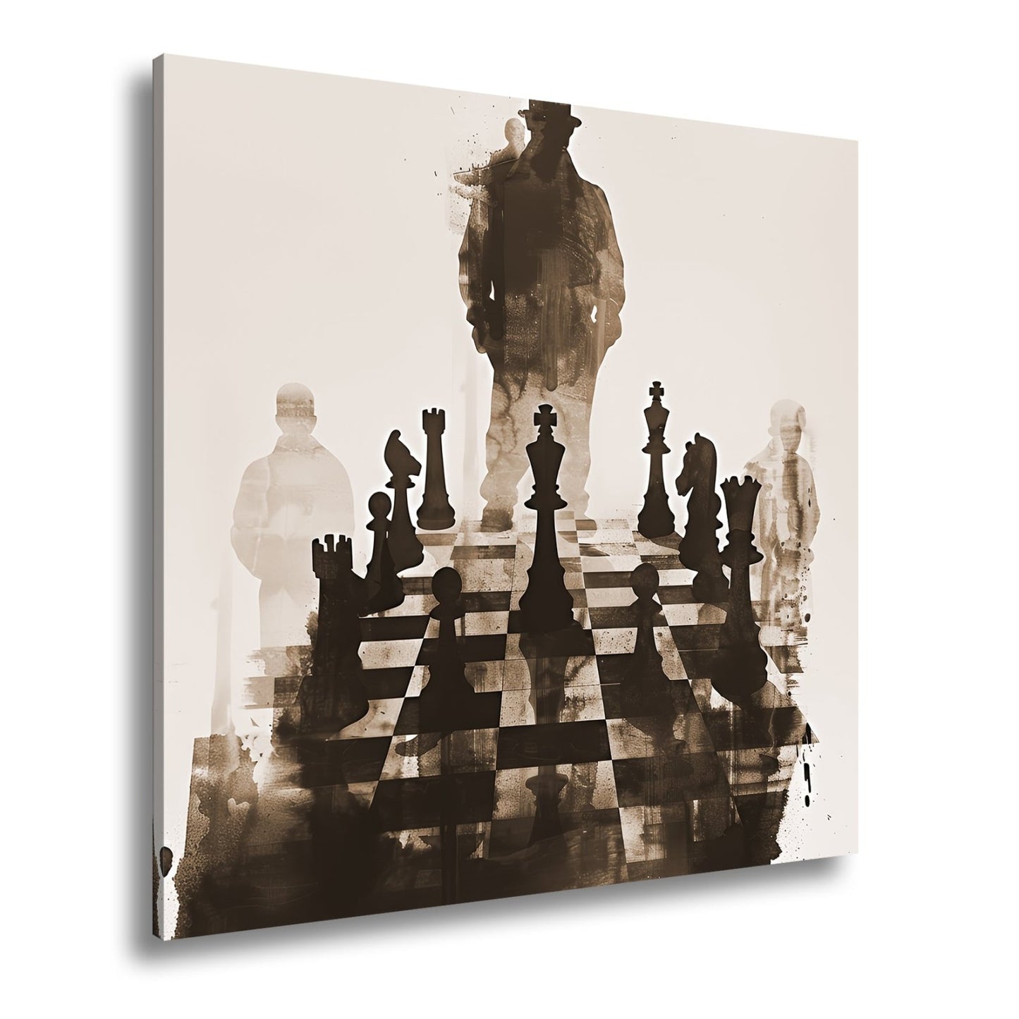 Leinwandbild Schachfiguren im Schatten eines geheimnisvollen Spielers - deyoli