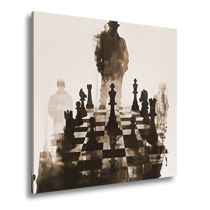 Leinwandbild Schachfiguren im Schatten eines geheimnisvollen Spielers - deyoli