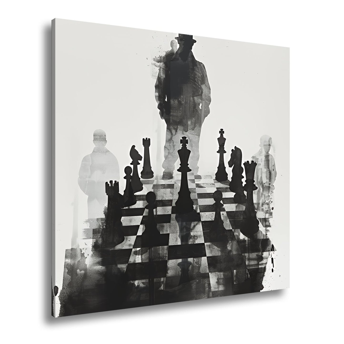 Leinwandbild Schachfiguren im Schatten eines geheimnisvollen Spielers - deyoli