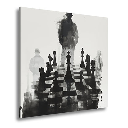 Leinwandbild Schachfiguren im Schatten eines geheimnisvollen Spielers - deyoli