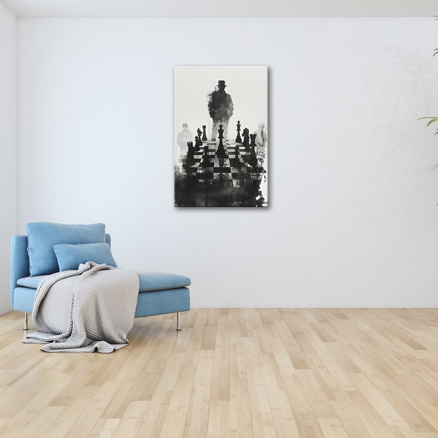 Leinwandbild Schachfiguren im Schatten eines geheimnisvollen Spielers - deyoli