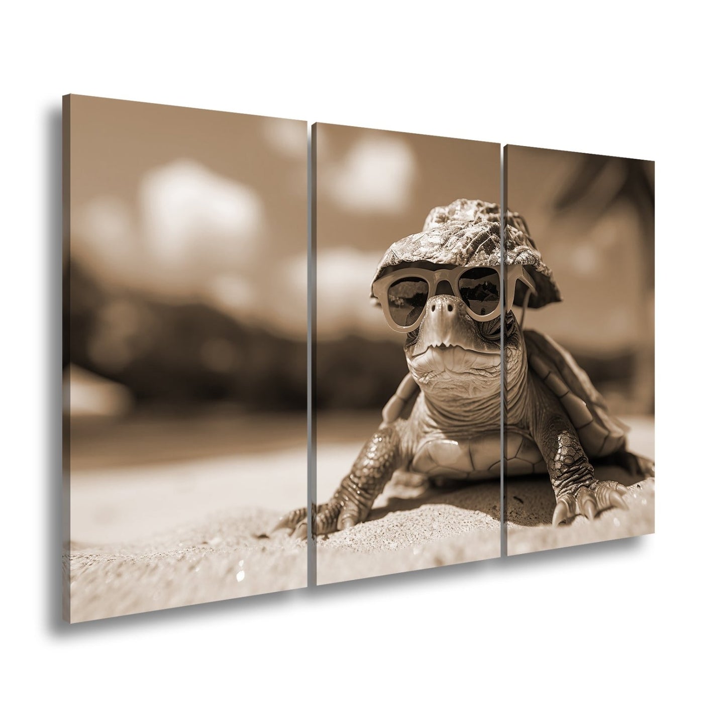 Leinwandbild Schildkröte mit Stil – Sonnenhut, Brille, Strand und Coolness. - deyoli